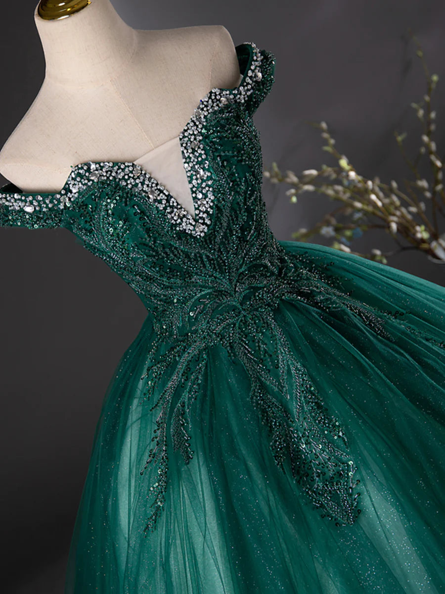 Retro Dark Green Tulle Sequins Off the Shoulder Long Formal Dress Evening Party Dress