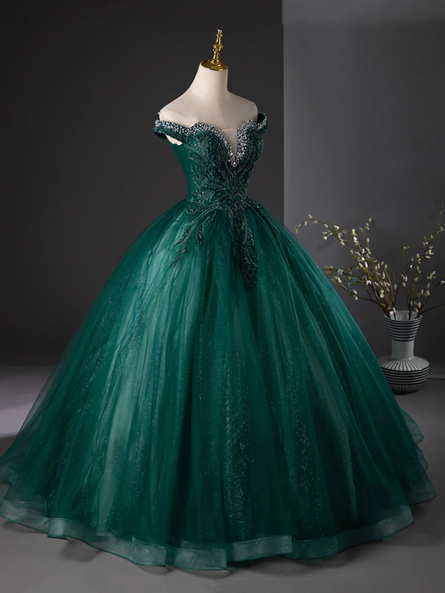 Retro Dark Green Tulle Sequins Off the Shoulder Long Formal Dress Evening Party Dress