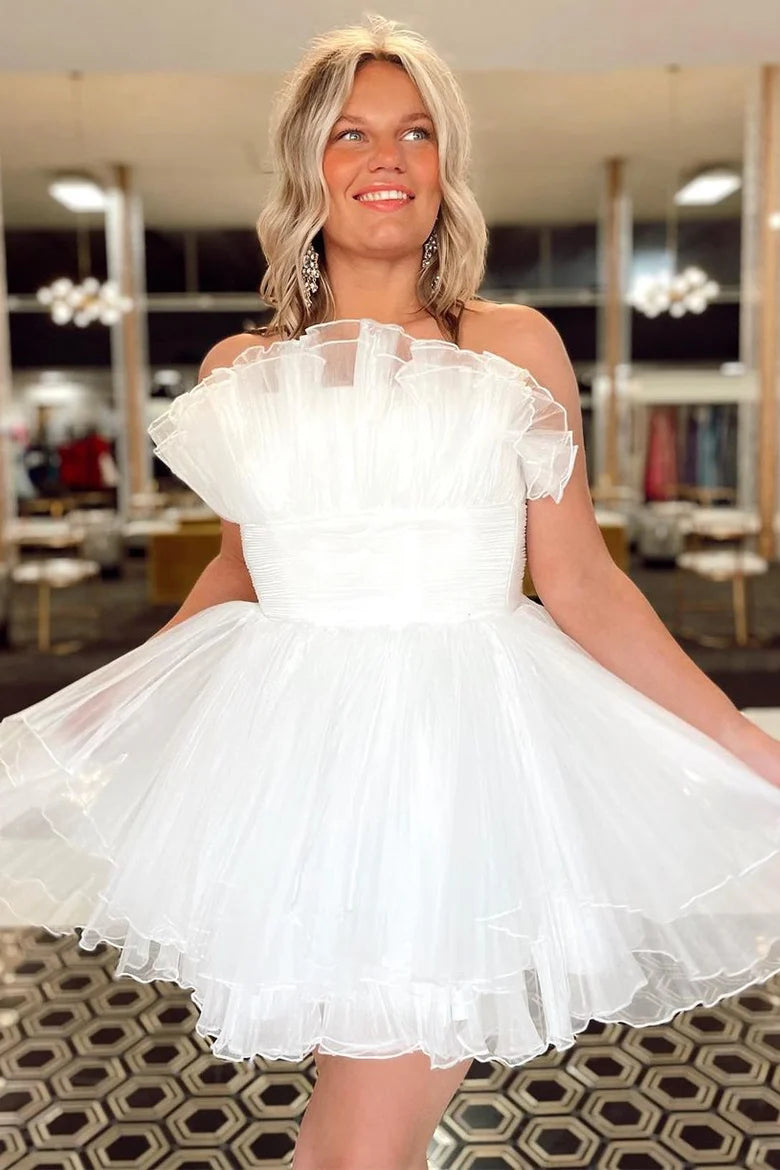 Retro Elegance Organza Strapless Pleated Ruffles Short Dress Homecoming Dress