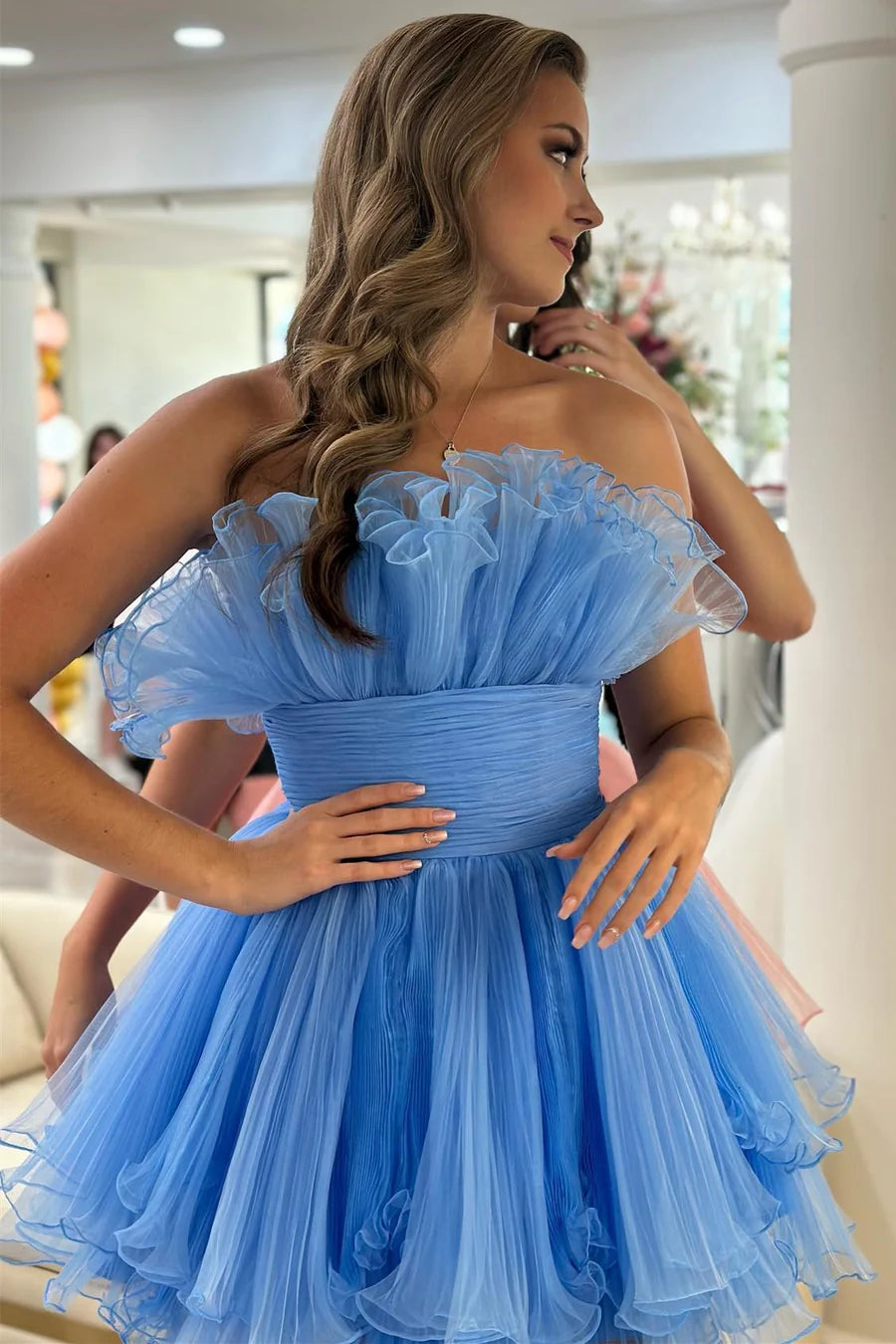 Retro Elegance Organza Strapless Pleated Ruffles Short Dress Homecoming Dress