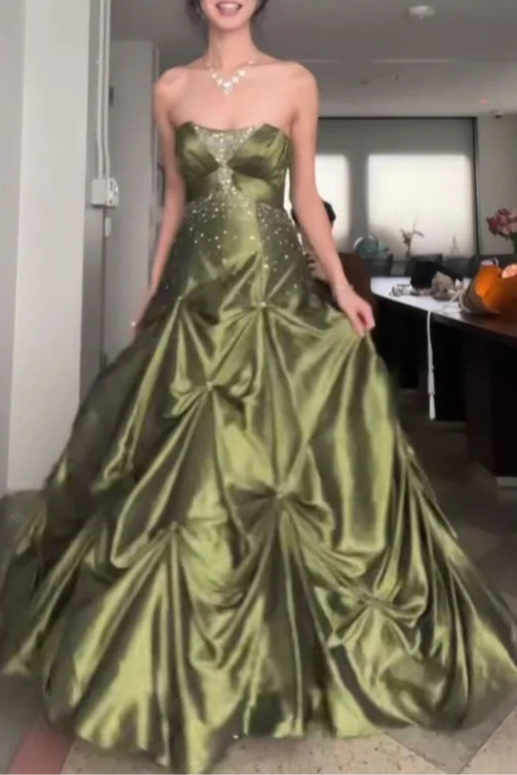 Retro Green Satin Strapless Sequins With Applique Ruffle Long Party Dress Prom Dresses