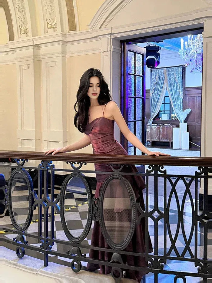 Retro Mermaid Spaghetti Straps Tiered Grape Long Evening Dress Prom Dress