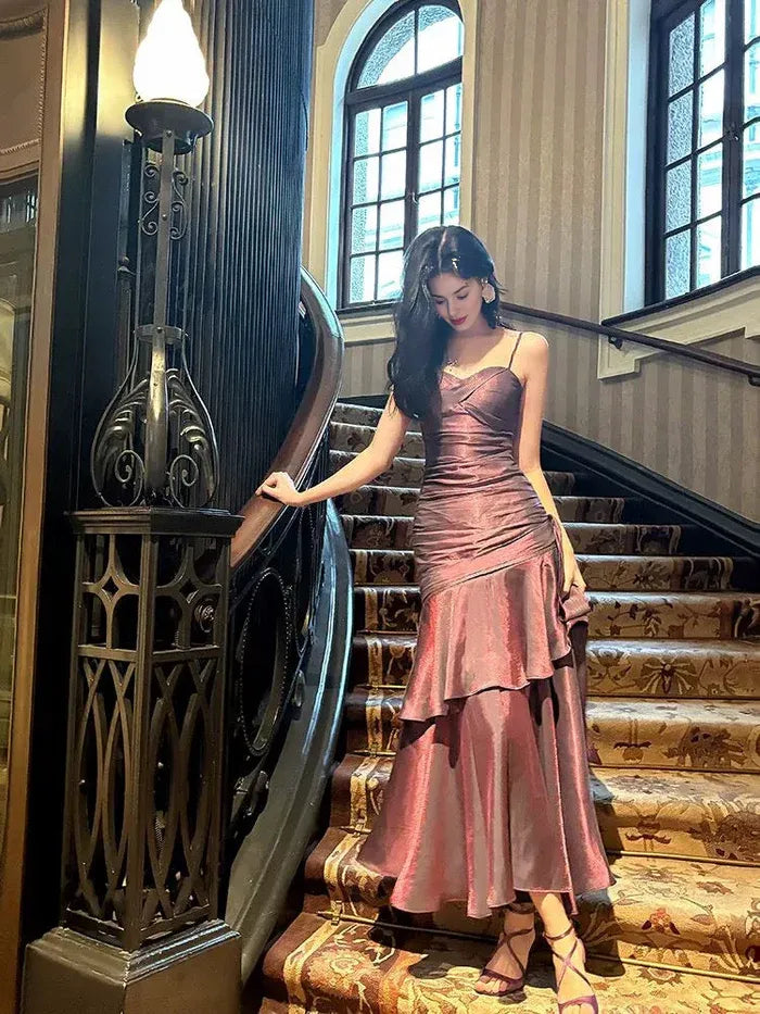 Retro Mermaid Spaghetti Straps Tiered Grape Long Evening Dress Prom Dress