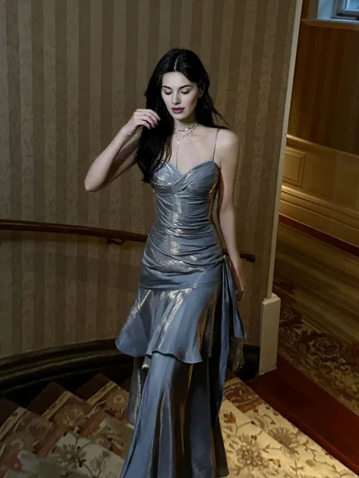 Retro Mermaid Spaghetti Straps Tiered Gray Long Evening Dress Prom Dress