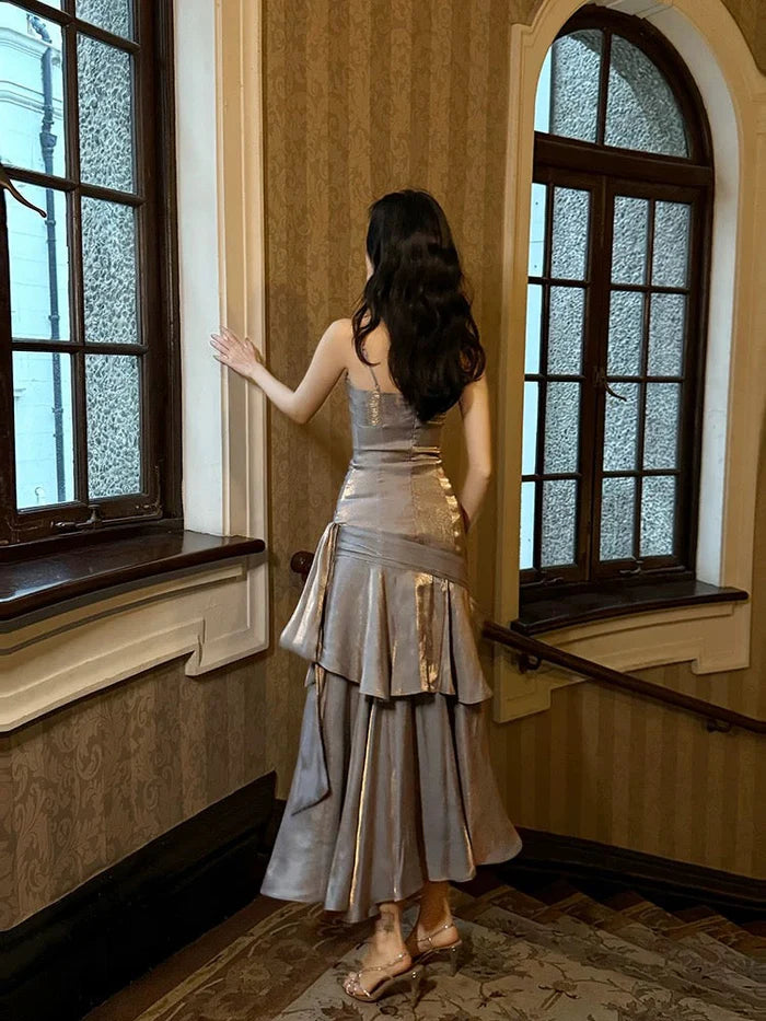 Retro Mermaid Spaghetti Straps Tiered Gray Long Evening Dress Prom Dress