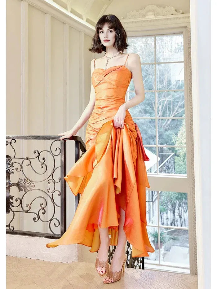 Retro Mermaid Spaghetti Straps Tiered Orange Long Evening Dress Prom Dress
