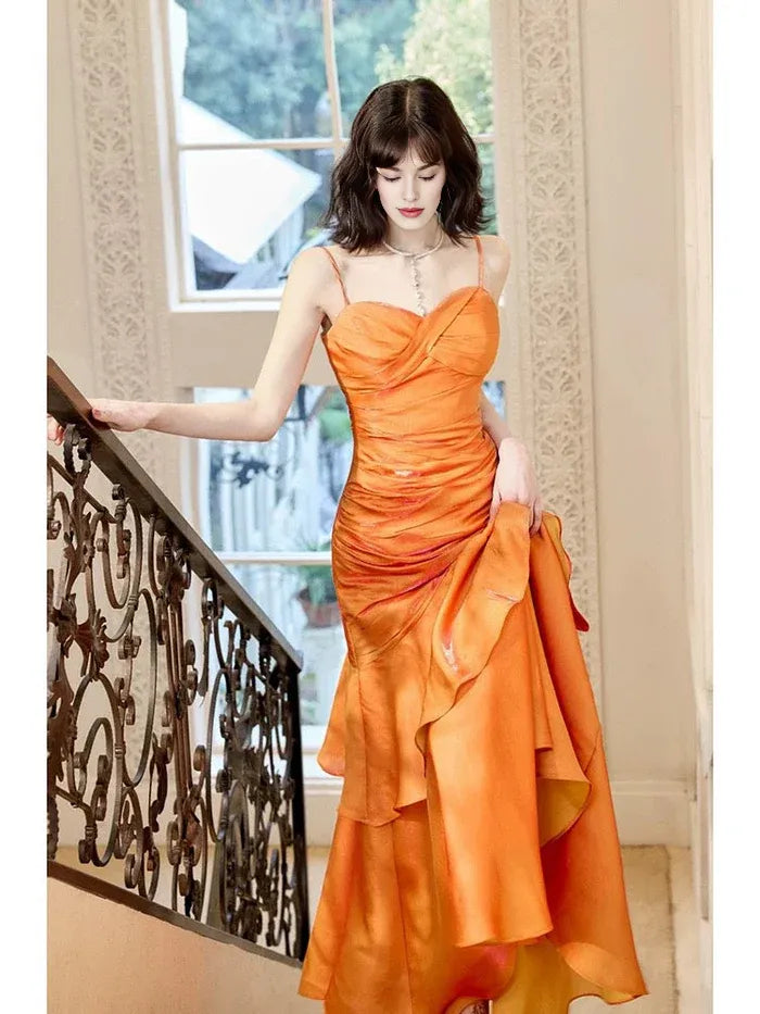 Retro Mermaid Spaghetti Straps Tiered Orange Long Evening Dress Prom Dress