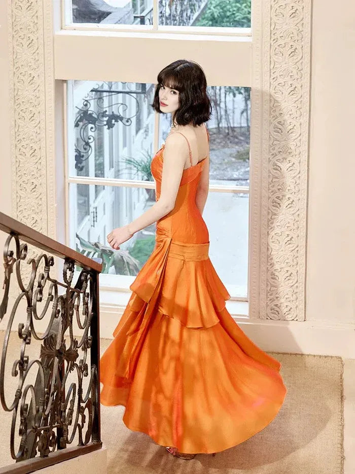 Retro Mermaid Spaghetti Straps Tiered Orange Long Evening Dress Prom Dress