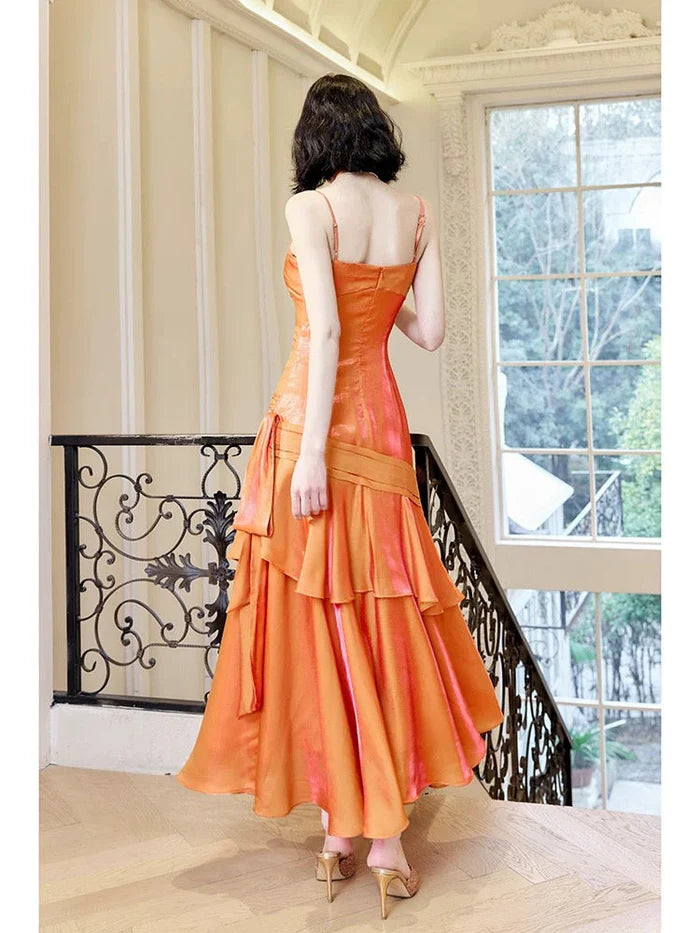 Retro Mermaid Spaghetti Straps Tiered Orange Long Evening Dress Prom Dress