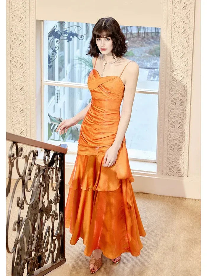 Retro Mermaid Spaghetti Straps Tiered Orange Long Evening Dress Prom Dress
