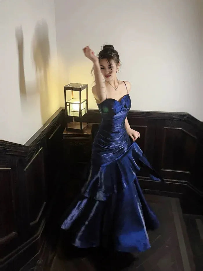 Retro Mermaid Spaghetti Straps Tiered Royal Blue Long Evening Dress Prom Dress