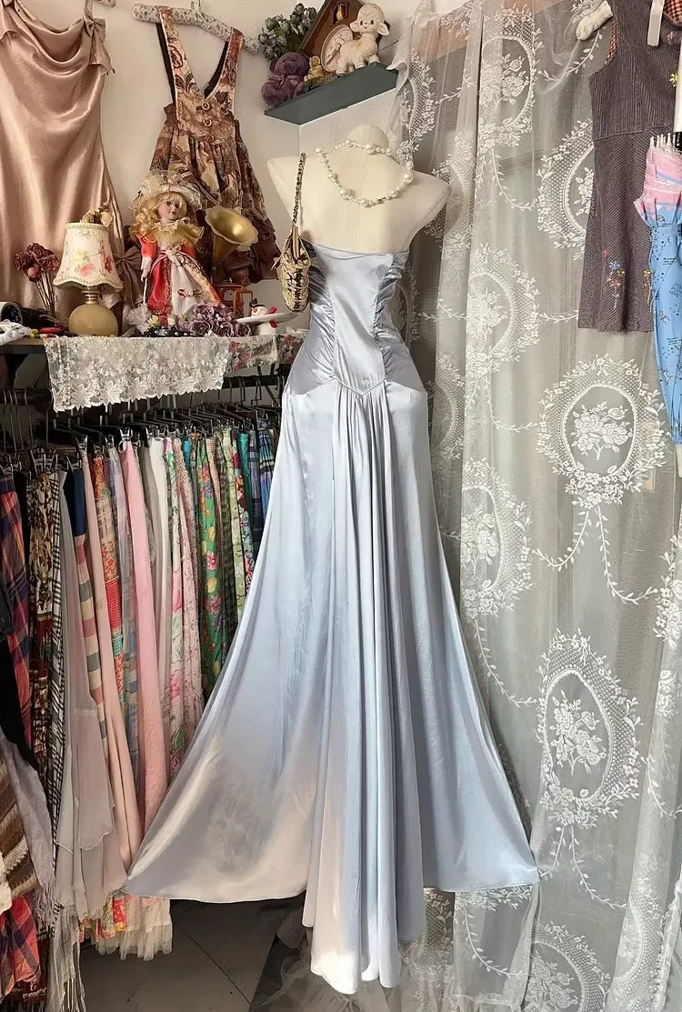 Retro Mermaid Strapless Ruched Light Blue Floor-Length Prom Dress For Women