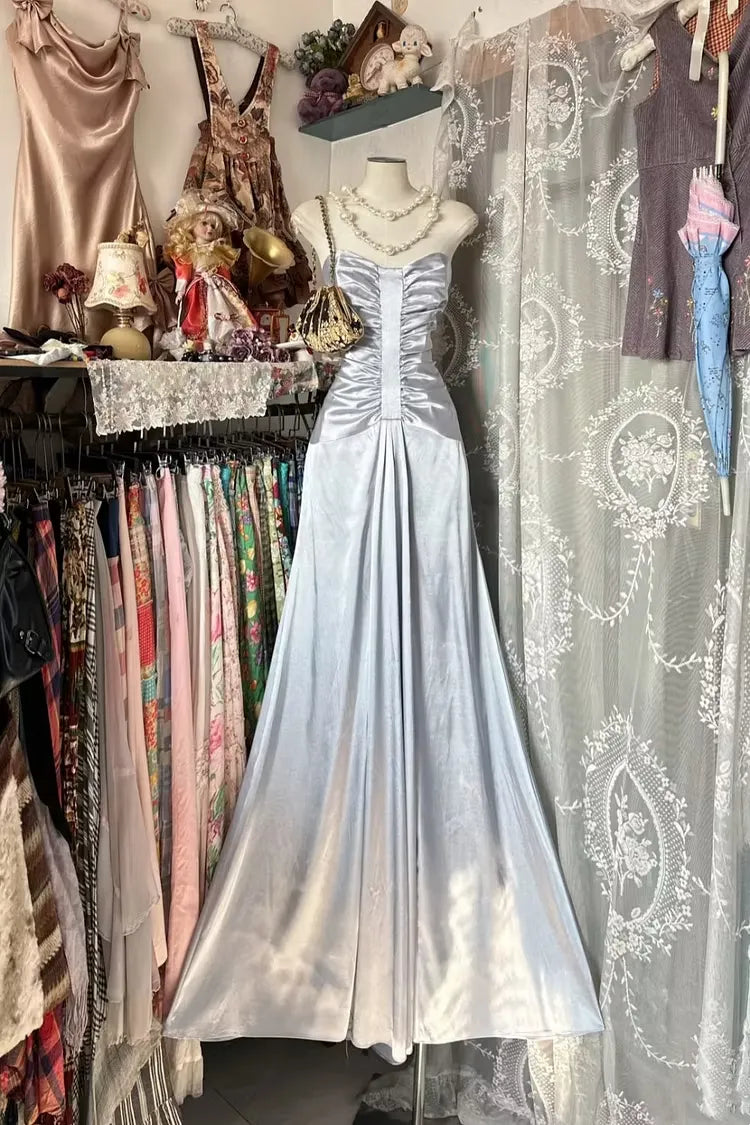 Retro Mermaid Strapless Ruched Light Blue Floor-Length Prom Dress For Women
