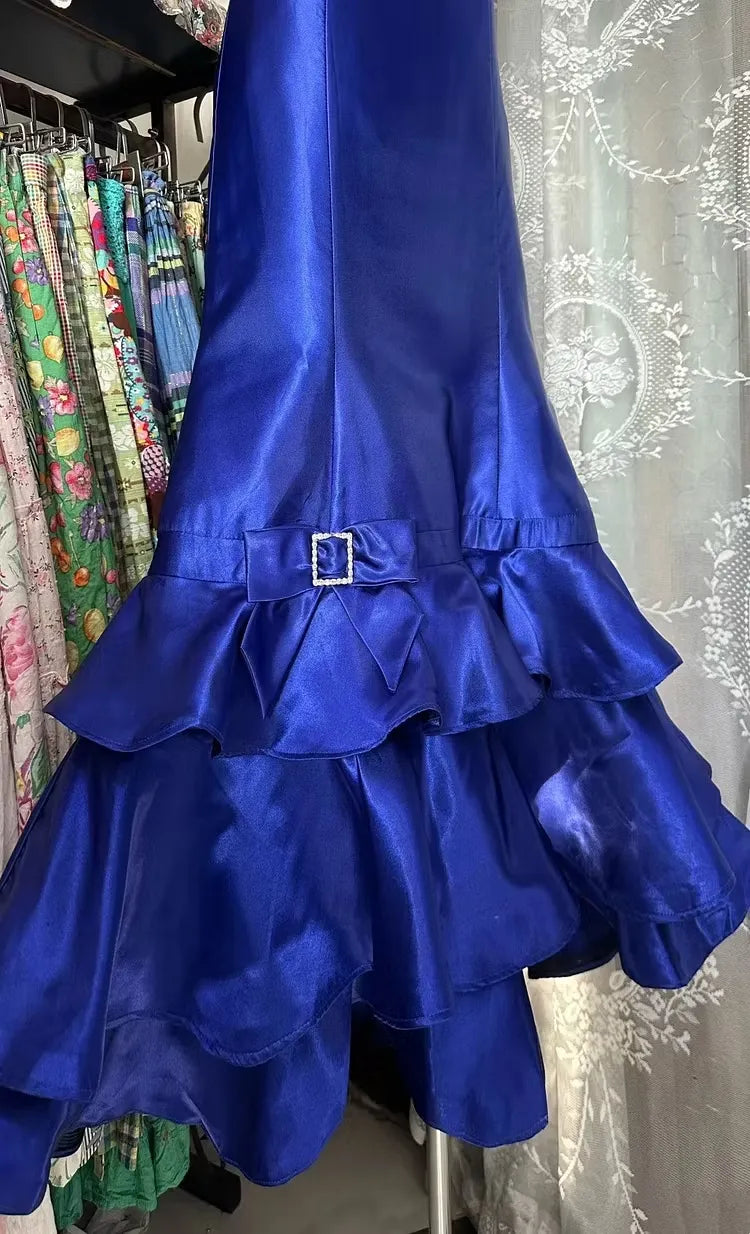 Retro Mermaid Strapless Tiered Ruffled Fitted Royal Blue Floor-Length Prom Dress