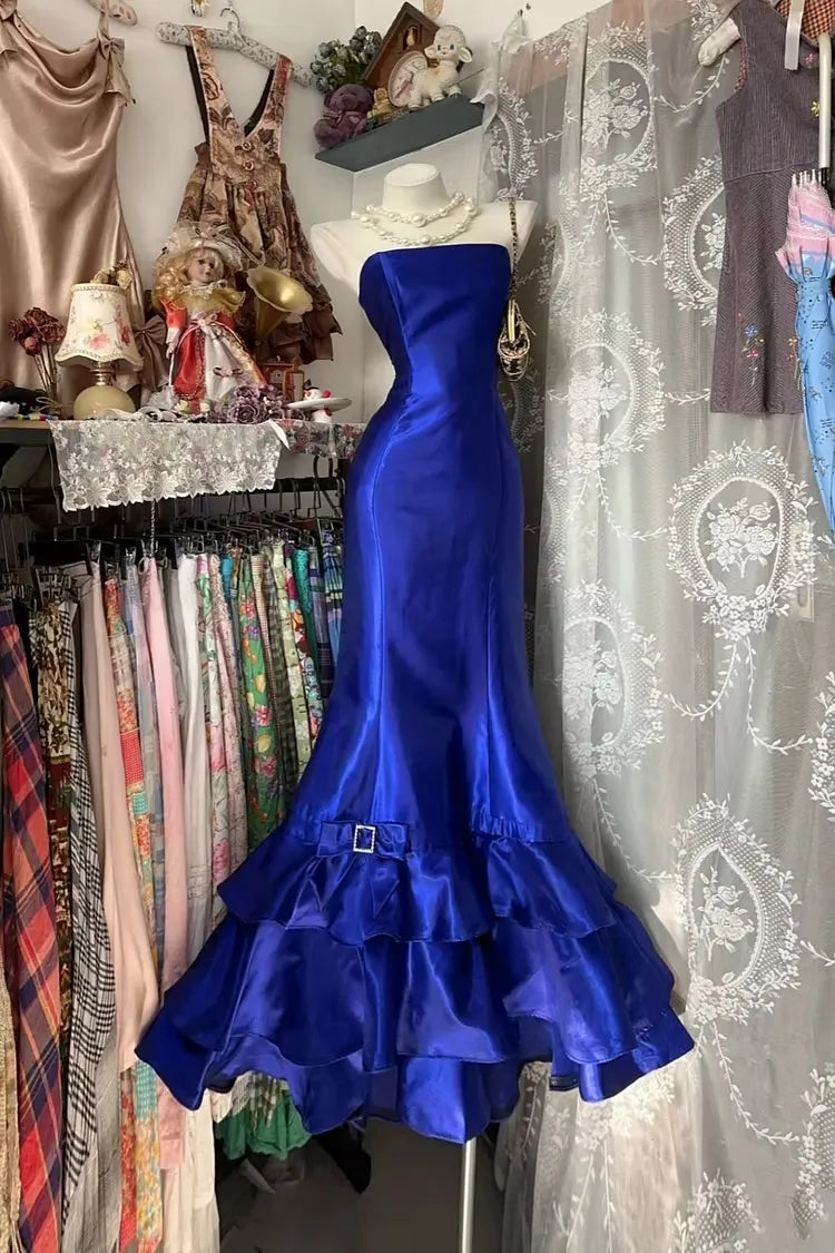Retro Mermaid Strapless Tiered Ruffled Fitted Royal Blue Floor-Length Prom Dress