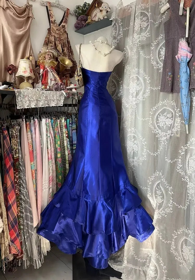 Retro Mermaid Strapless Tiered Ruffled Fitted Royal Blue Floor-Length Prom Dress