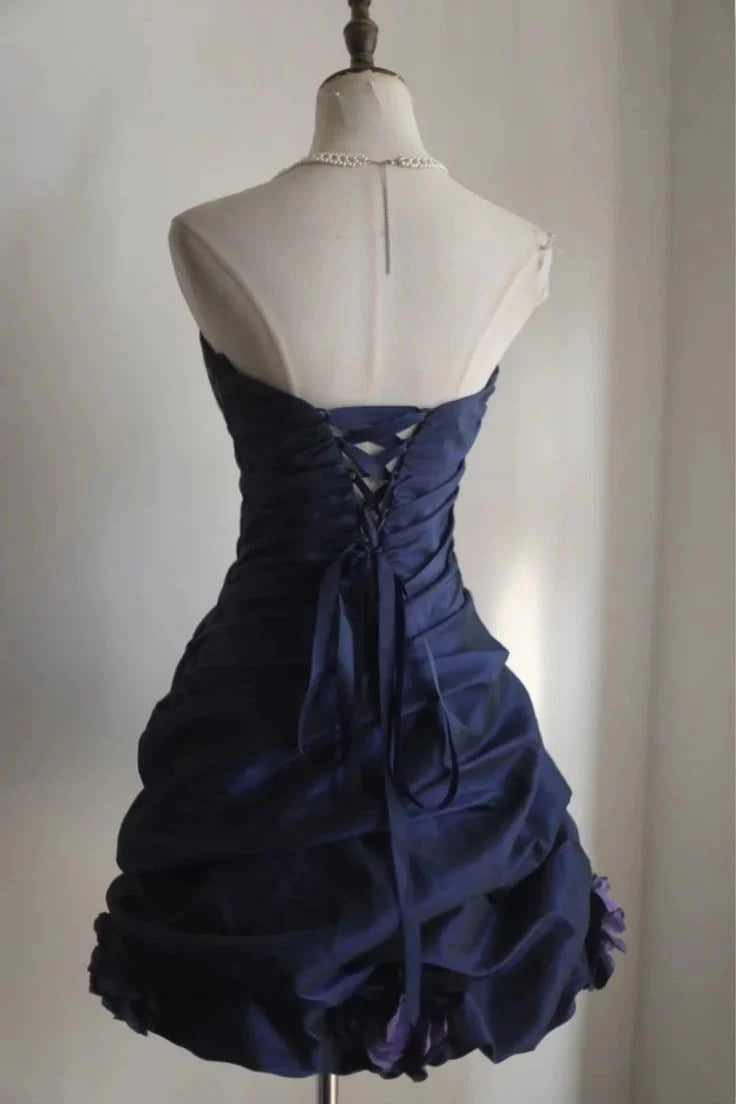 Retro Navy Blue Satin Strapless Sweetheart Collar Short Homecoming Dresses Summer Middle School