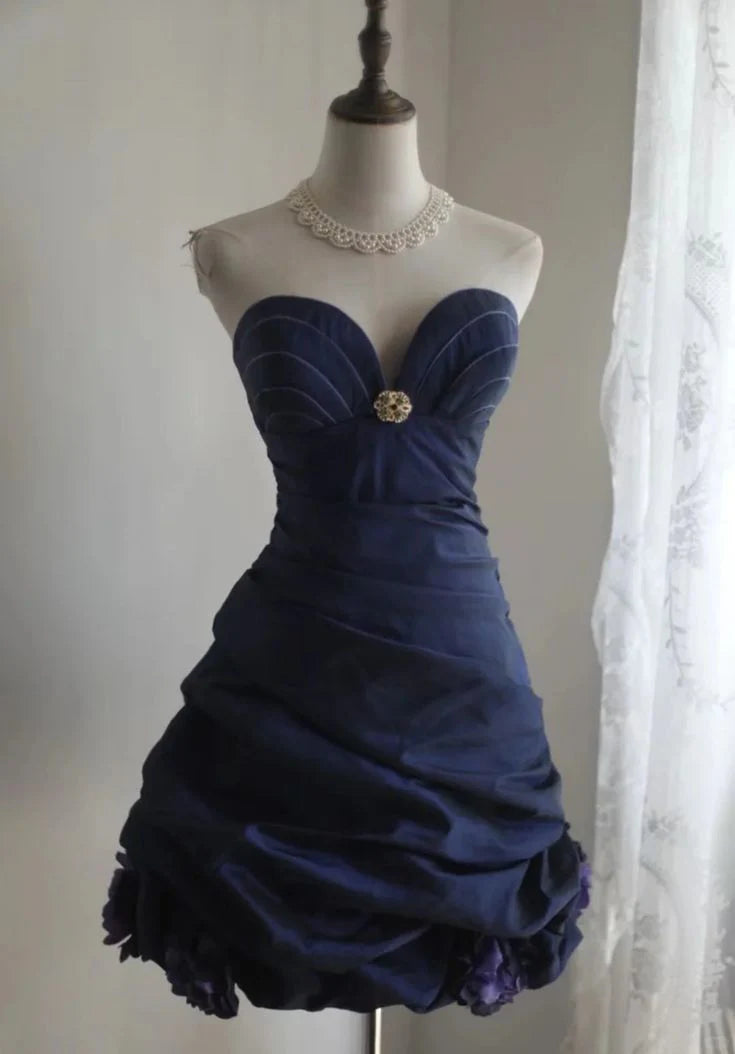 Retro Navy Blue Satin Strapless Sweetheart Collar Short Homecoming Dresses Summer Middle School