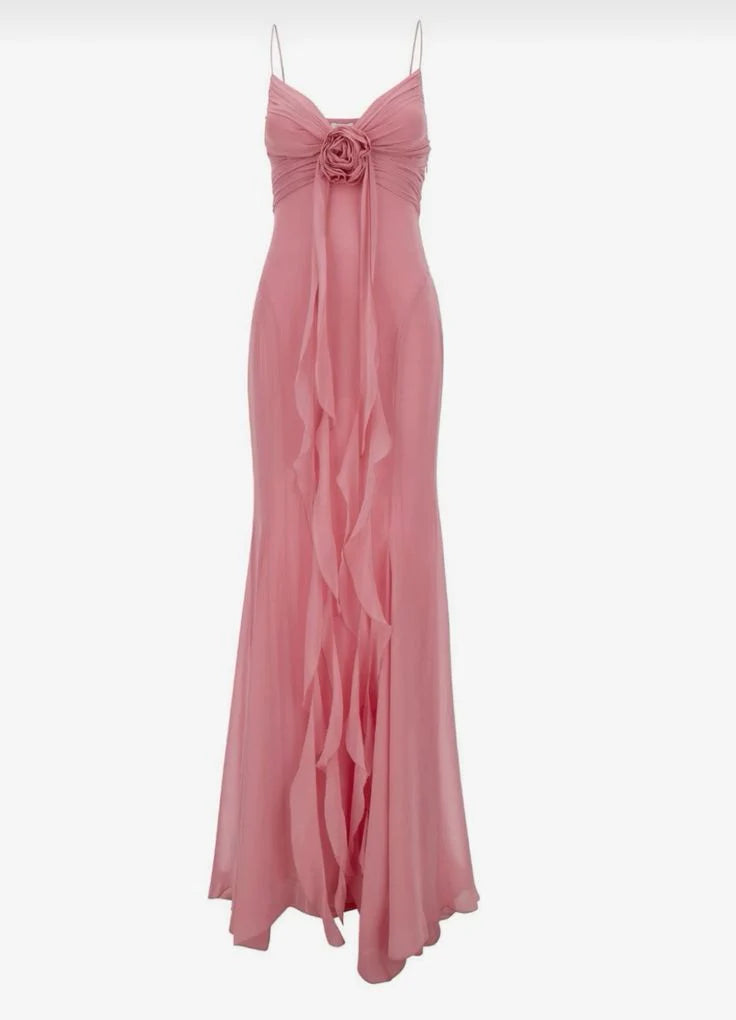 Retro Pink Chiffon Flower Pleated Sheath Spaghetti Straps Long Party Dress Prom Dress