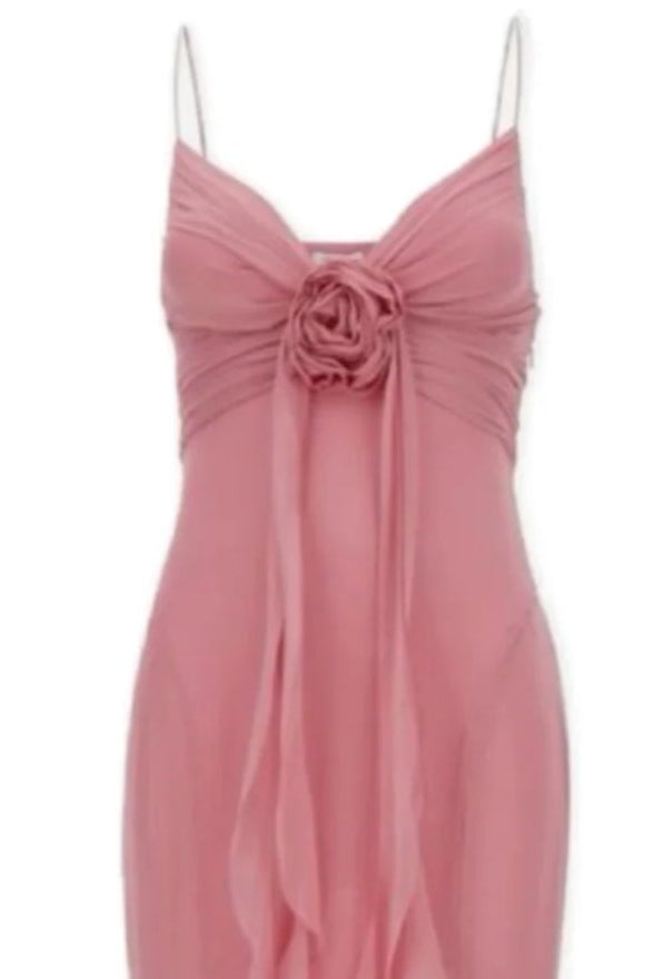 Retro Pink Chiffon Flower Pleated Sheath Spaghetti Straps Long Party Dress Prom Dress