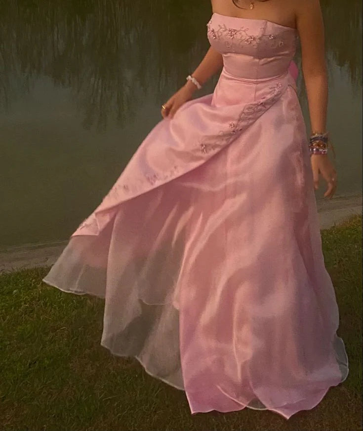 Retro Pink Chiffon With Applique A Line Strapless Floor Length Long Party Dress Prom Dresses