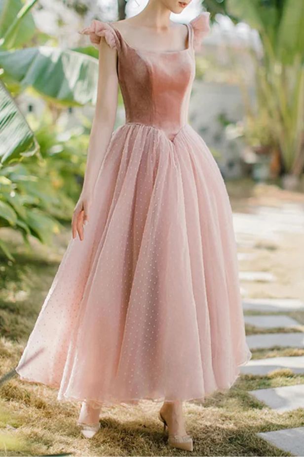 Retro Pink Velvet Tulle A-Line U-Neck Short Sleeve Tea Length Prom Dress Princess Dress Homecoming Dress