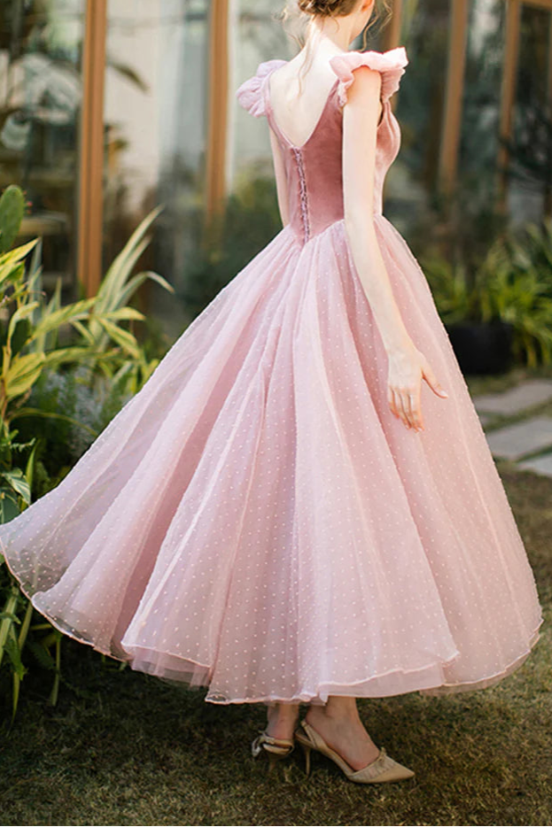 Retro Pink Velvet Tulle A-Line U-Neck Short Sleeve Tea Length Prom Dress Princess Dress Homecoming Dress
