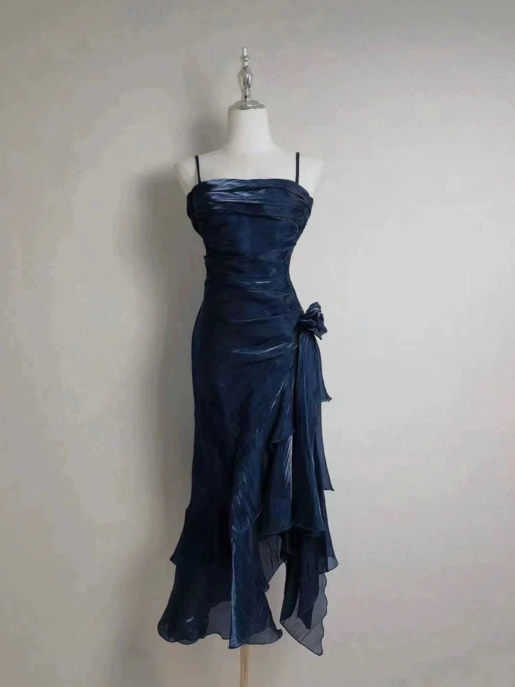 Retro Satin Mermaid Spaghetti Straps Ruffles Long Party Dress Prom Dresses With Asymmetrical Hem