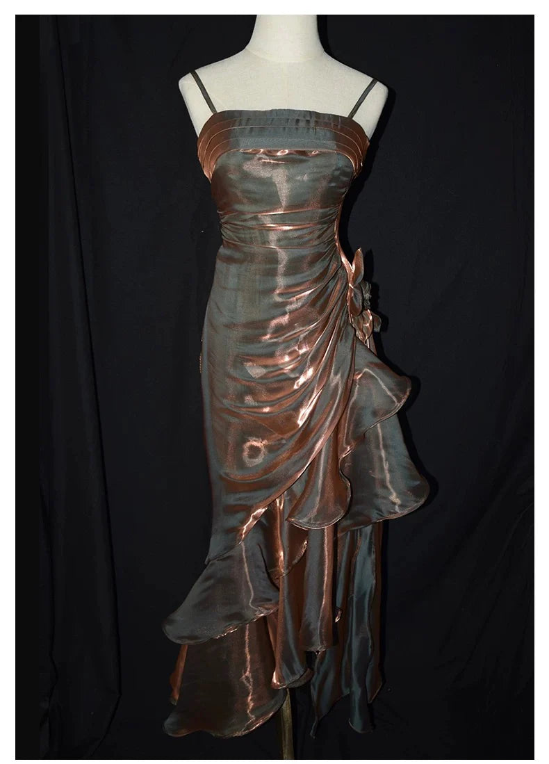 Retro Satin Mermaid Spaghetti Straps Ruffles Long Party Dress Prom Dresses With Asymmetrical Hem