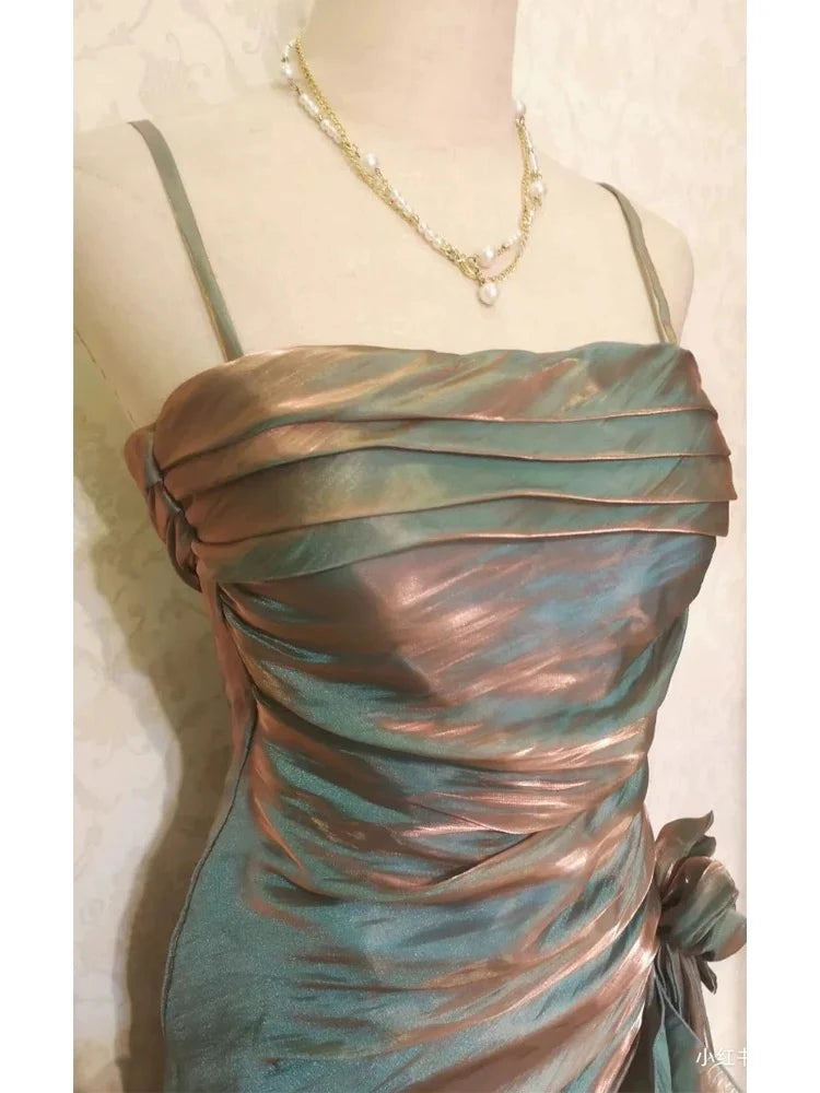 Retro Satin Mermaid Spaghetti Straps Ruffles Long Party Dress Prom Dresses With Asymmetrical Hem