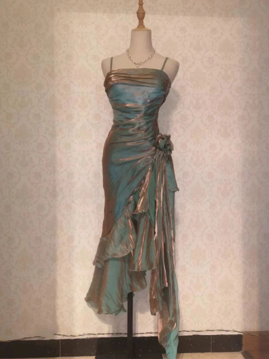 Retro Satin Mermaid Spaghetti Straps Ruffles Long Party Dress Prom Dresses With Asymmetrical Hem