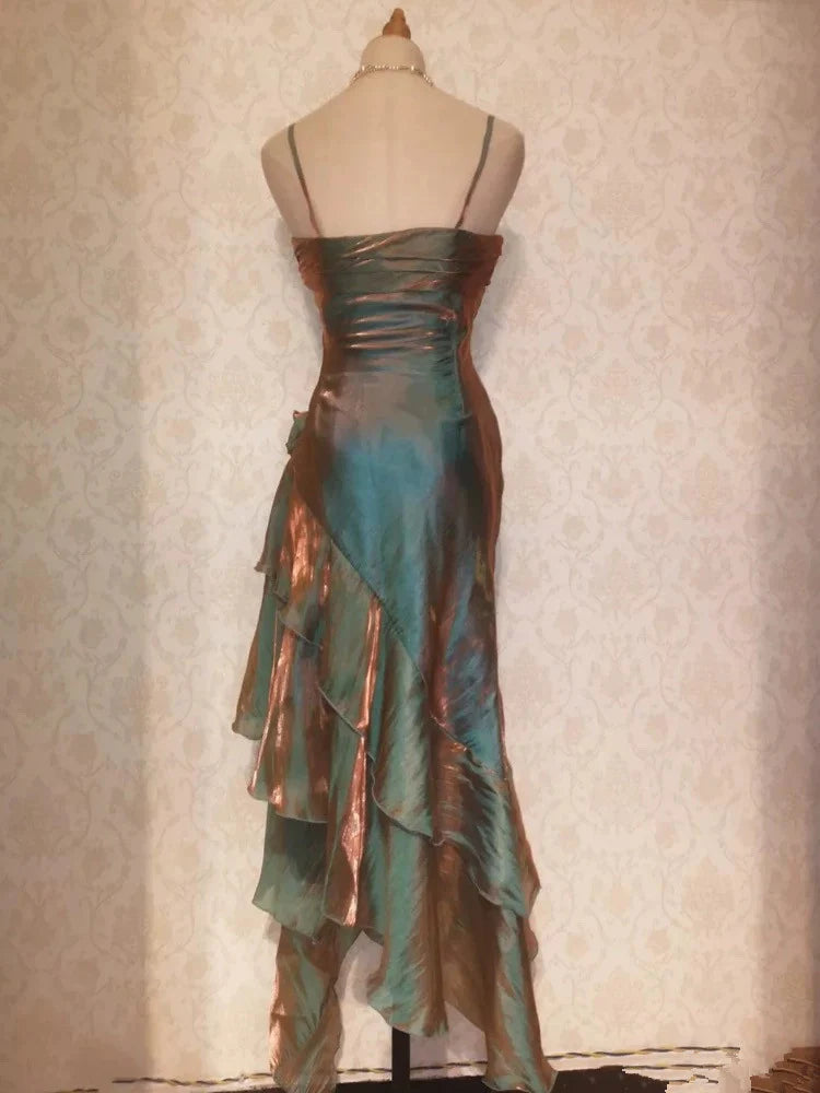 Retro Satin Mermaid Spaghetti Straps Ruffles Long Party Dress Prom Dresses With Asymmetrical Hem