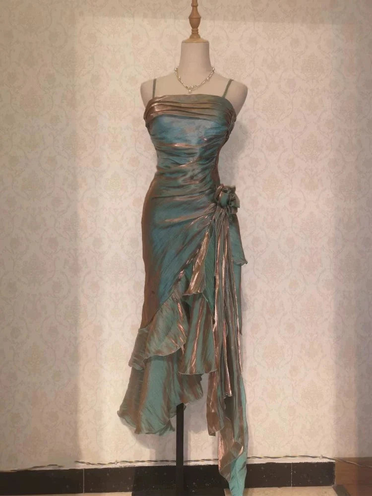 Retro Satin Mermaid Spaghetti Straps Ruffles Long Party Dress Prom Dresses With Asymmetrical Hem