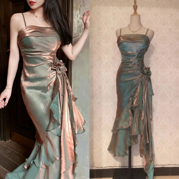 Retro Satin Mermaid Spaghetti Straps Ruffles Long Party Dress Prom Dresses With Asymmetrical Hem