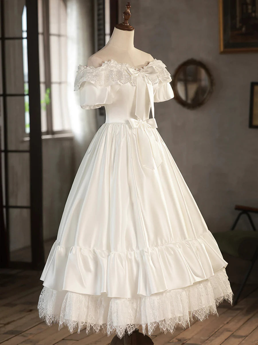 Retro White Satin Lace  Bow Off Shoulder Prom Dress Wedding Dress