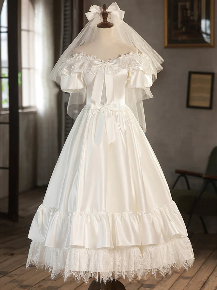 Retro White Satin Lace  Bow Off Shoulder Prom Dress Wedding Dress