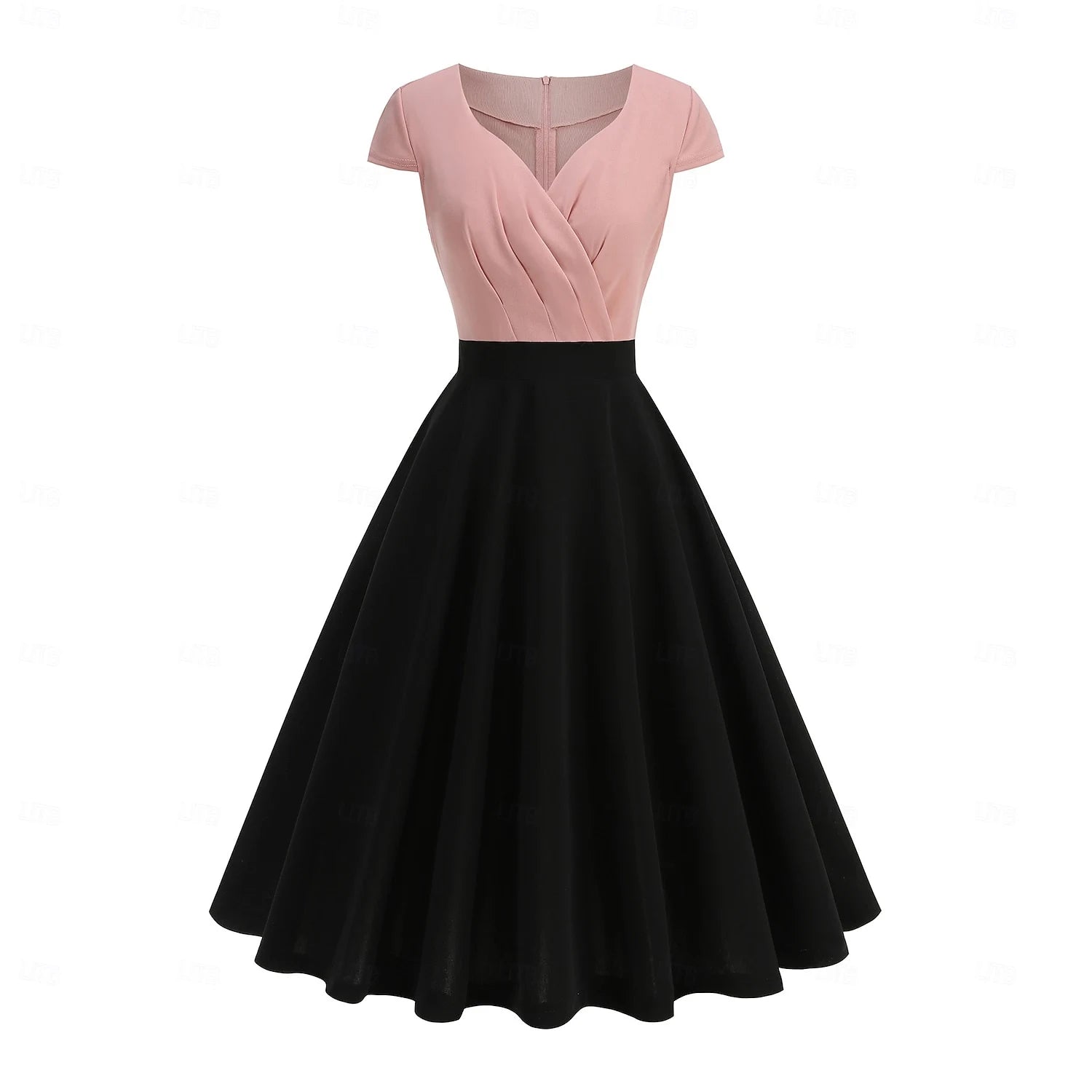 Retro A-Line V-Neck Short Sleeve Two-Tone Pink Black Knee Length Homecoming Dress
