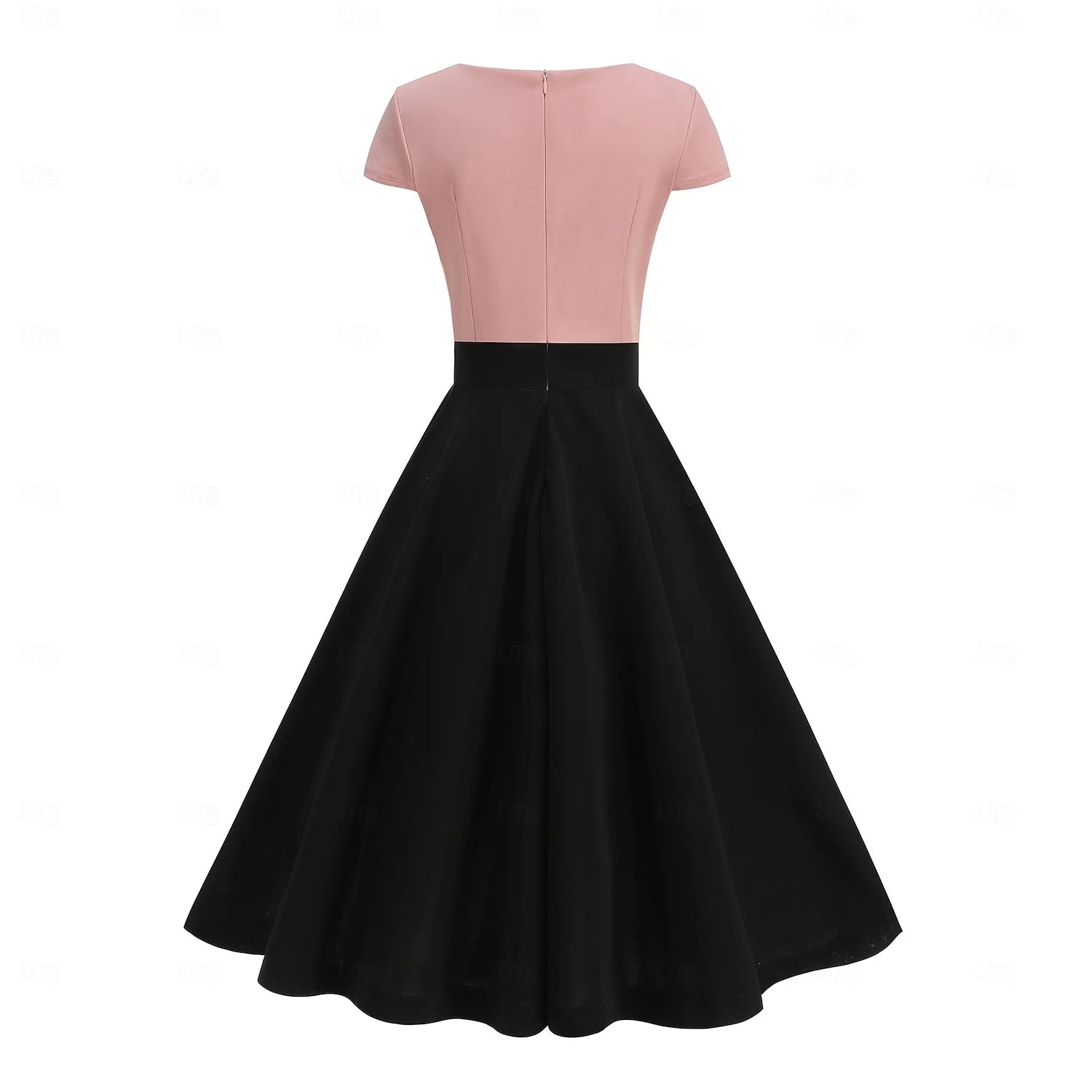 Retro A-Line V-Neck Short Sleeve Two-Tone Pink Black Knee Length Homecoming Dress