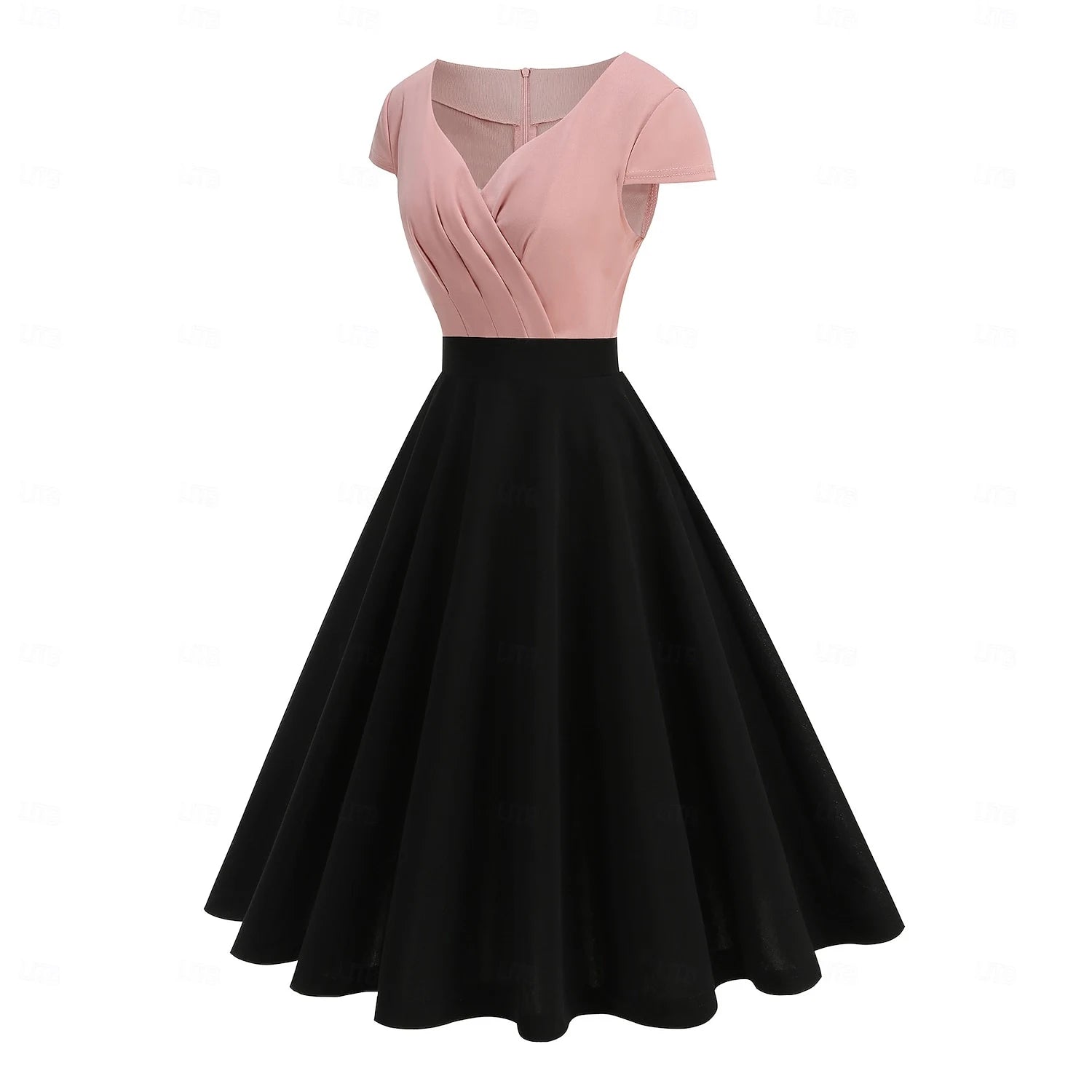 Retro A-Line V-Neck Short Sleeve Two-Tone Pink Black Knee Length Homecoming Dress