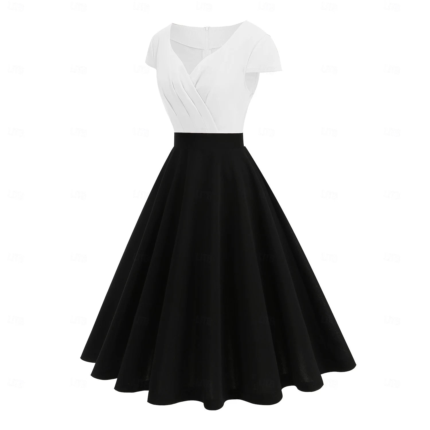Retro A-Line V-Neck Short Sleeve Two-Tone Pink Black Knee Length Homecoming Dress