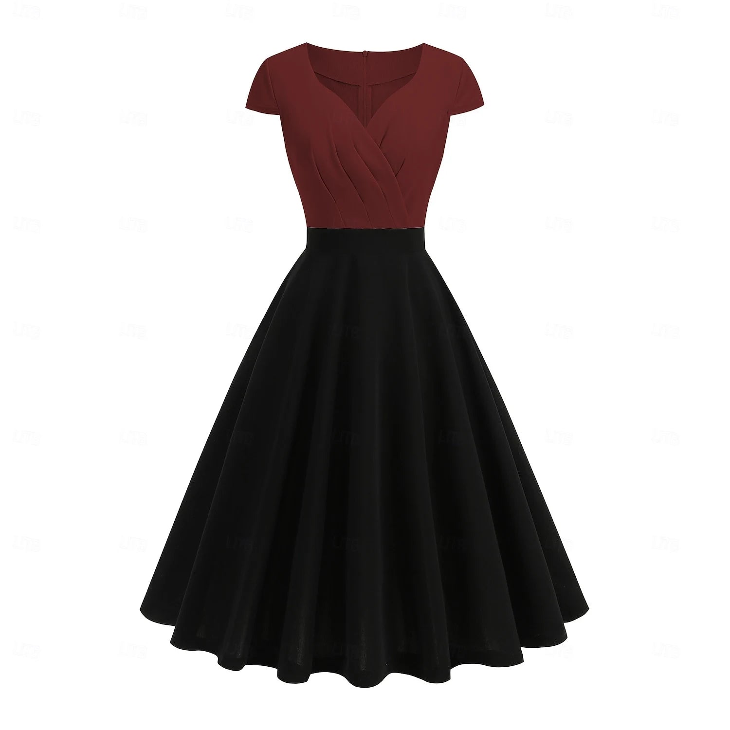 Retro A-Line V-Neck Short Sleeve Two-Tone Pink Black Knee Length Homecoming Dress