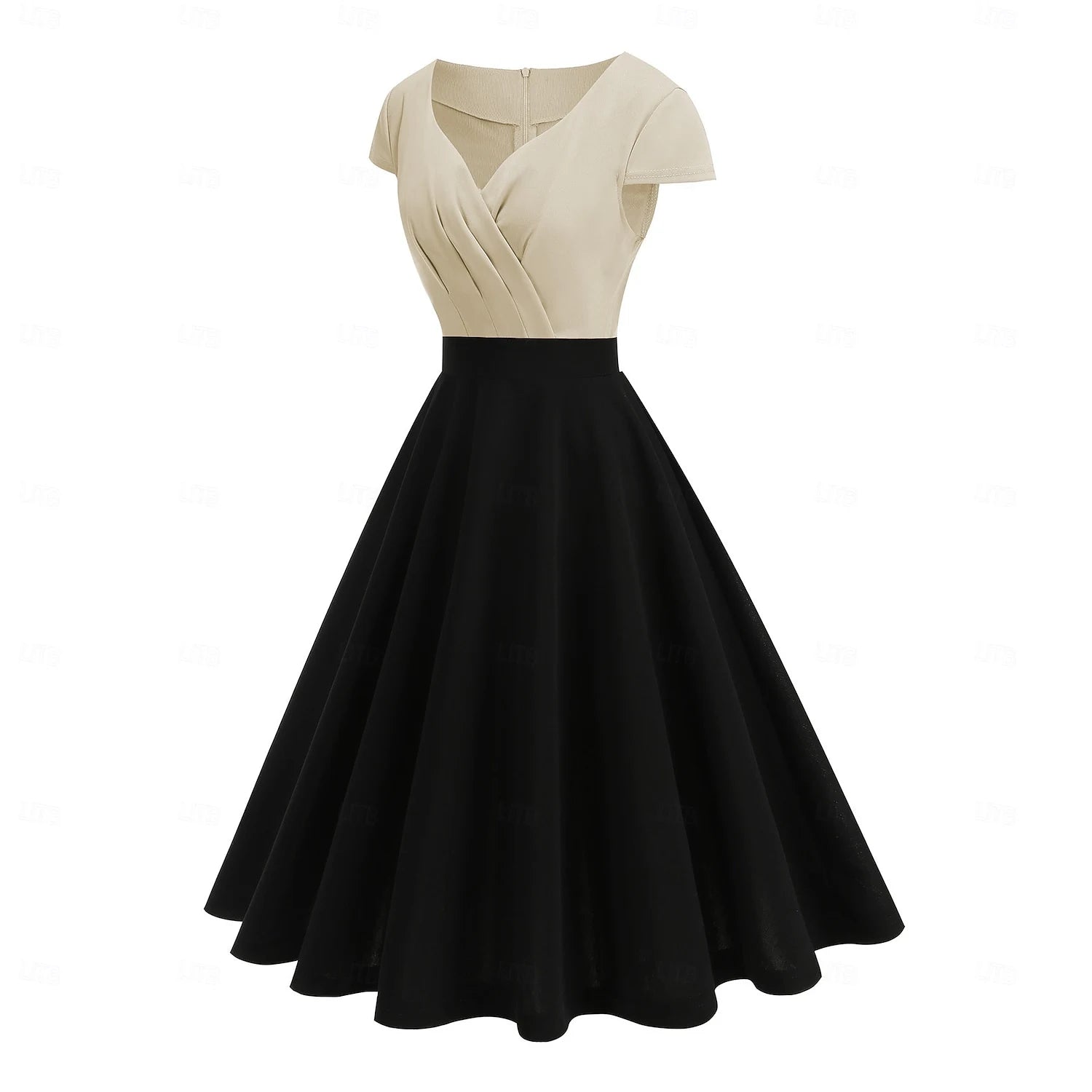 Retro A-Line V-Neck Short Sleeve Two-Tone Pink Black Knee Length Homecoming Dress