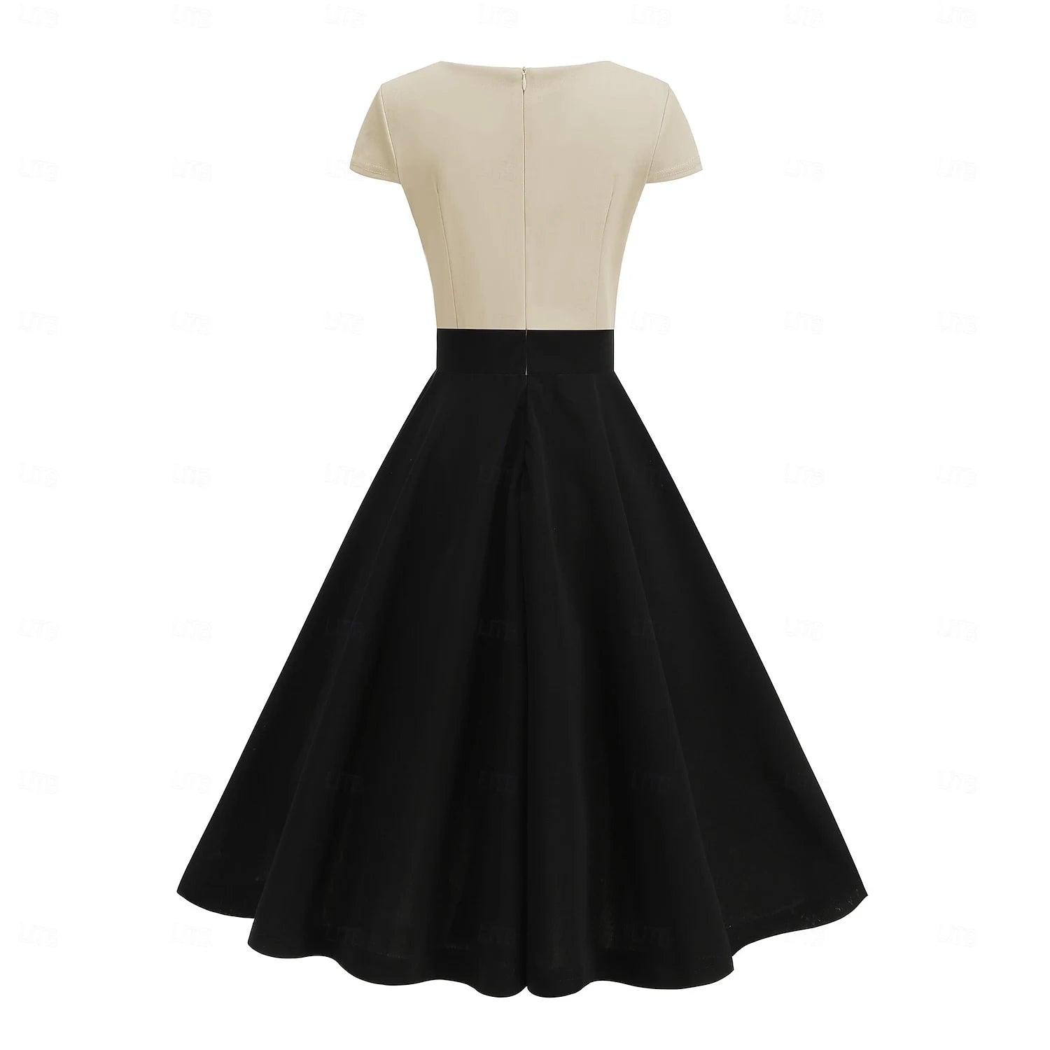 Retro A-Line V-Neck Short Sleeve Two-Tone Pink Black Knee Length Homecoming Dress