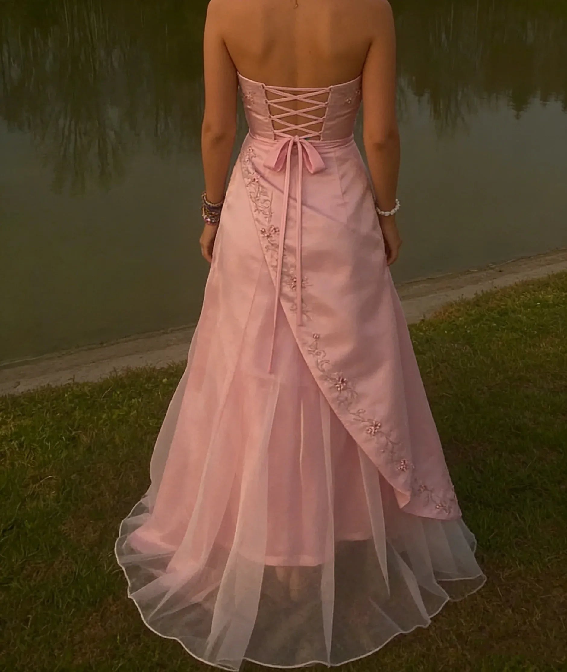 Retro Pink Chiffon With Applique A Line Strapless Floor Length Long Party Dress Prom Dresses