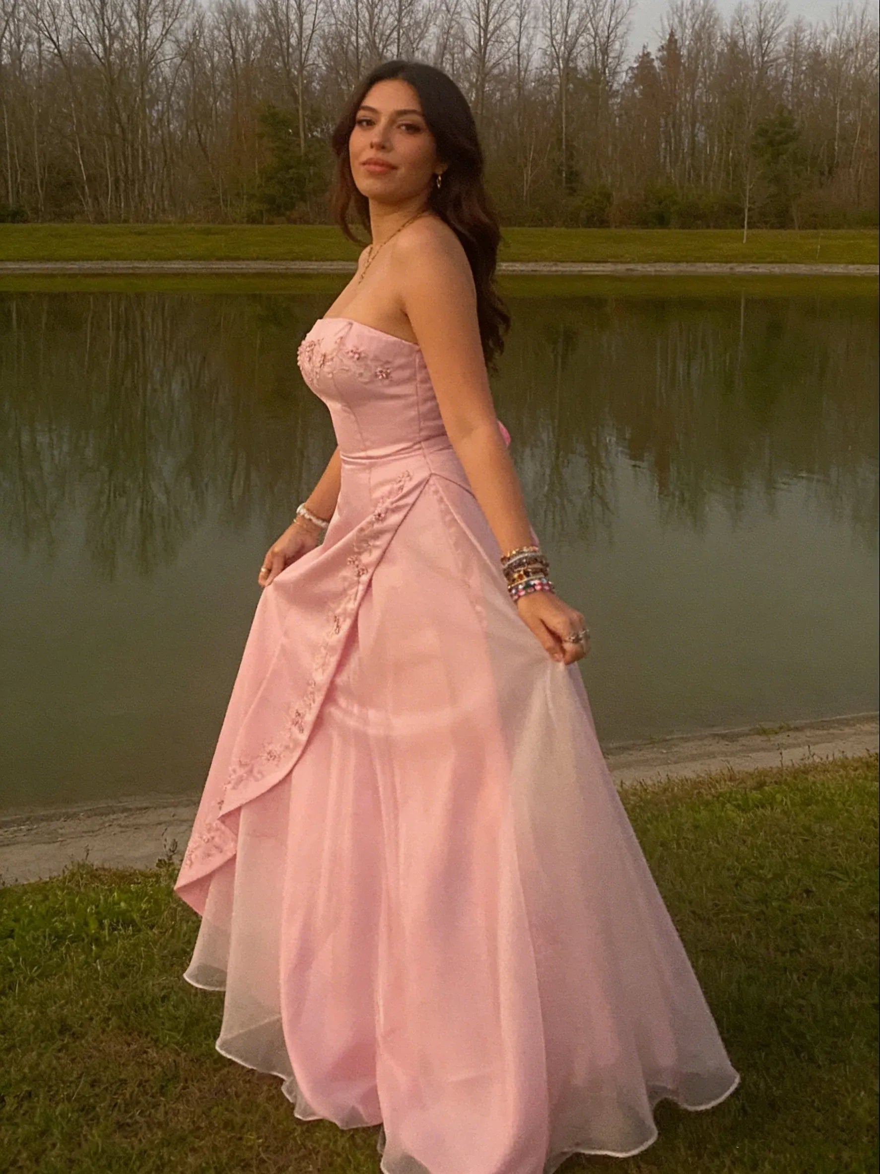 Retro Pink Chiffon With Applique A Line Strapless Floor Length Long Party Dress Prom Dresses