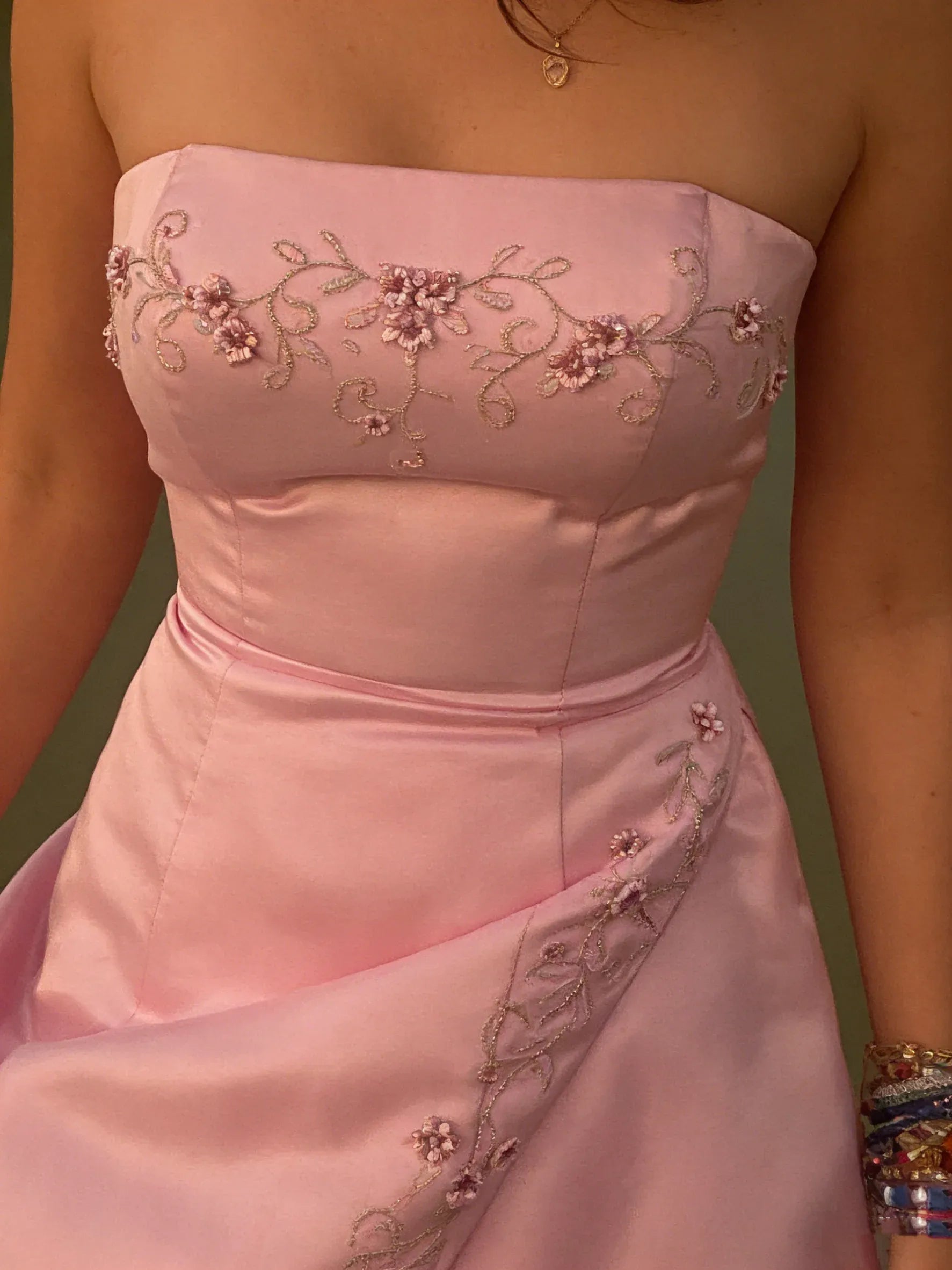 Retro Pink Chiffon With Applique A Line Strapless Floor Length Long Party Dress Prom Dresses