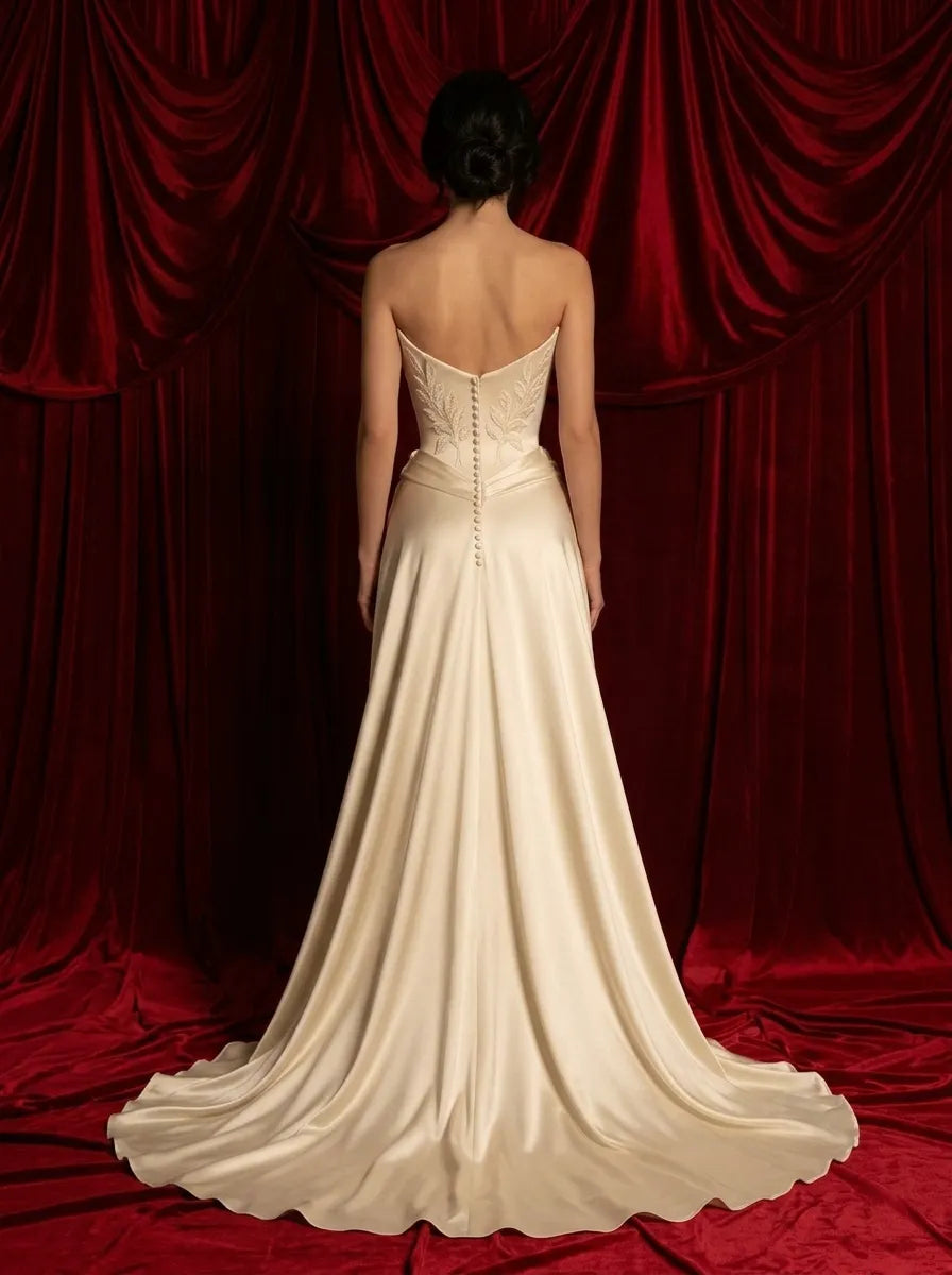 Retro Satin Ruffled Applique Strapless Mermaid Long Party Dress Prom Dresses With Train