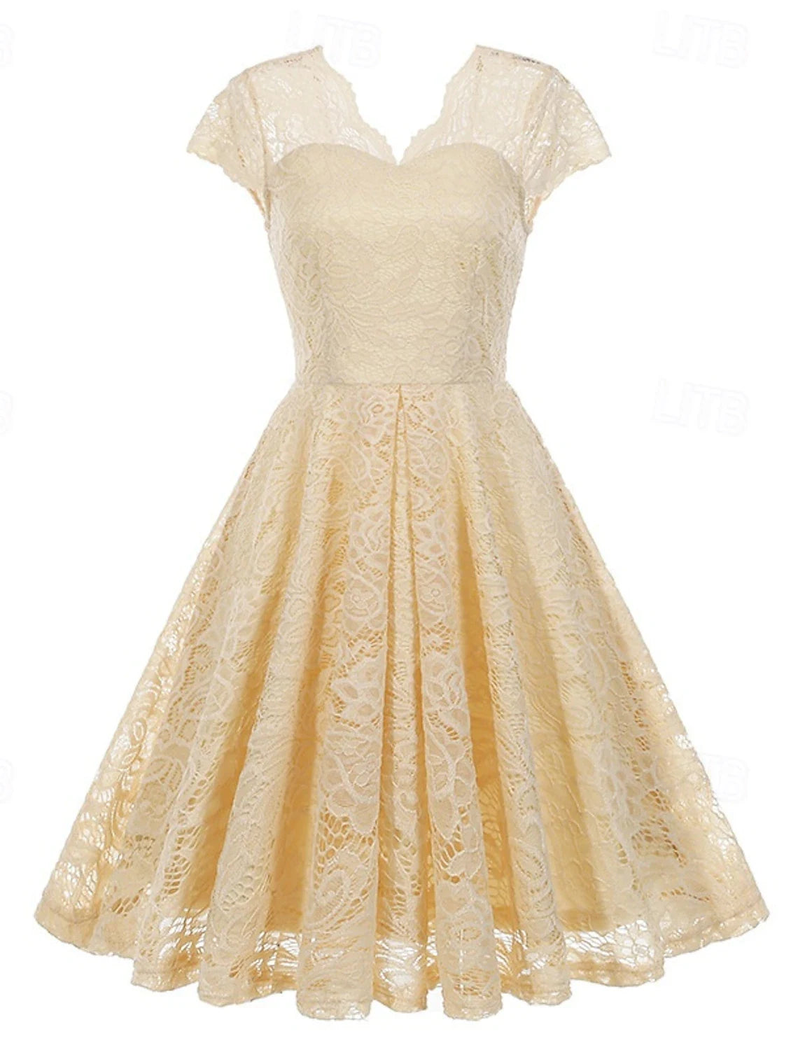 Retro Vintage A-Line V-Neck Cap-Sleeve Solid Color Lace Light Yellow Knee-Length Homecoming Dress
