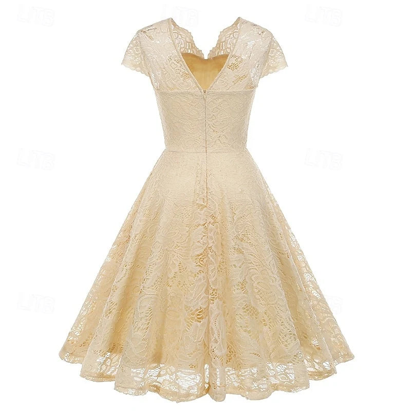 Retro Vintage A-Line V-Neck Cap-Sleeve Solid Color Lace Light Yellow Knee-Length Homecoming Dress