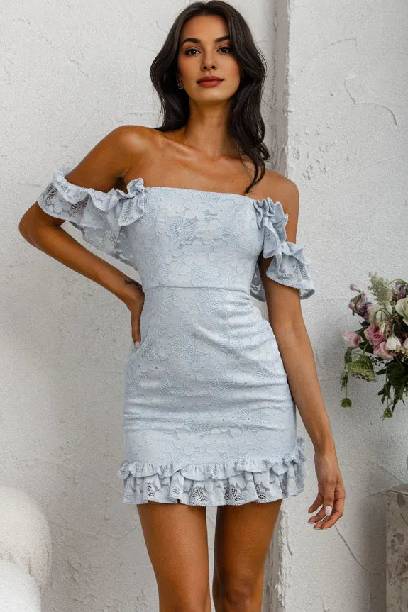 Romance Off-Shoulder Ruffle Lace Overlay Blue Mini Homecoming Dress For Ladies